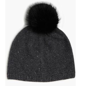 Sofia Cashmere Sequin 100%‎ Cashmere Beanie with Faux Fur Pompom Gray/Black, NWT